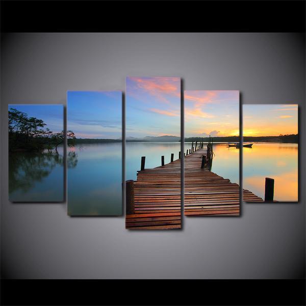 Canvas Dock Lake, Water At Sunset Nature Canvas Wall Art