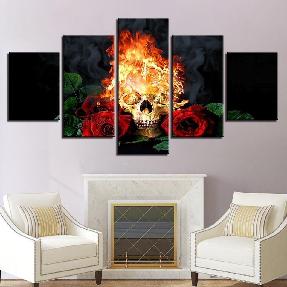 Canvas HD Prints Pictures ModulHalloween Horror Skull In Fire And Red Roses Canvas Wall Art
