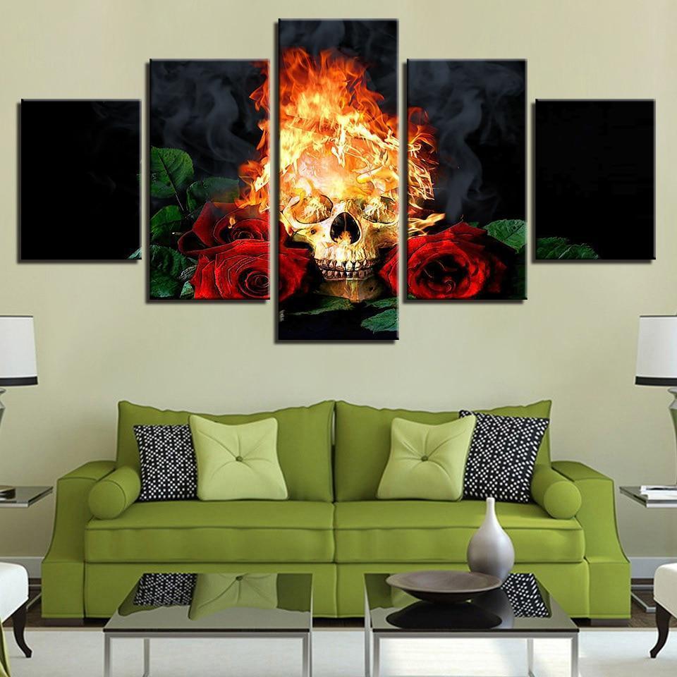 Canvas HD Prints Pictures ModulHalloween Horror Skull In Fire And Red Roses Canvas Wall Art
