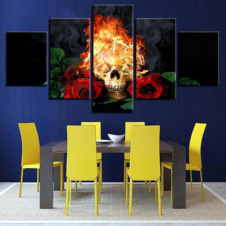 Canvas HD Prints Pictures ModulHalloween Horror Skull In Fire And Red Roses Canvas Wall Art