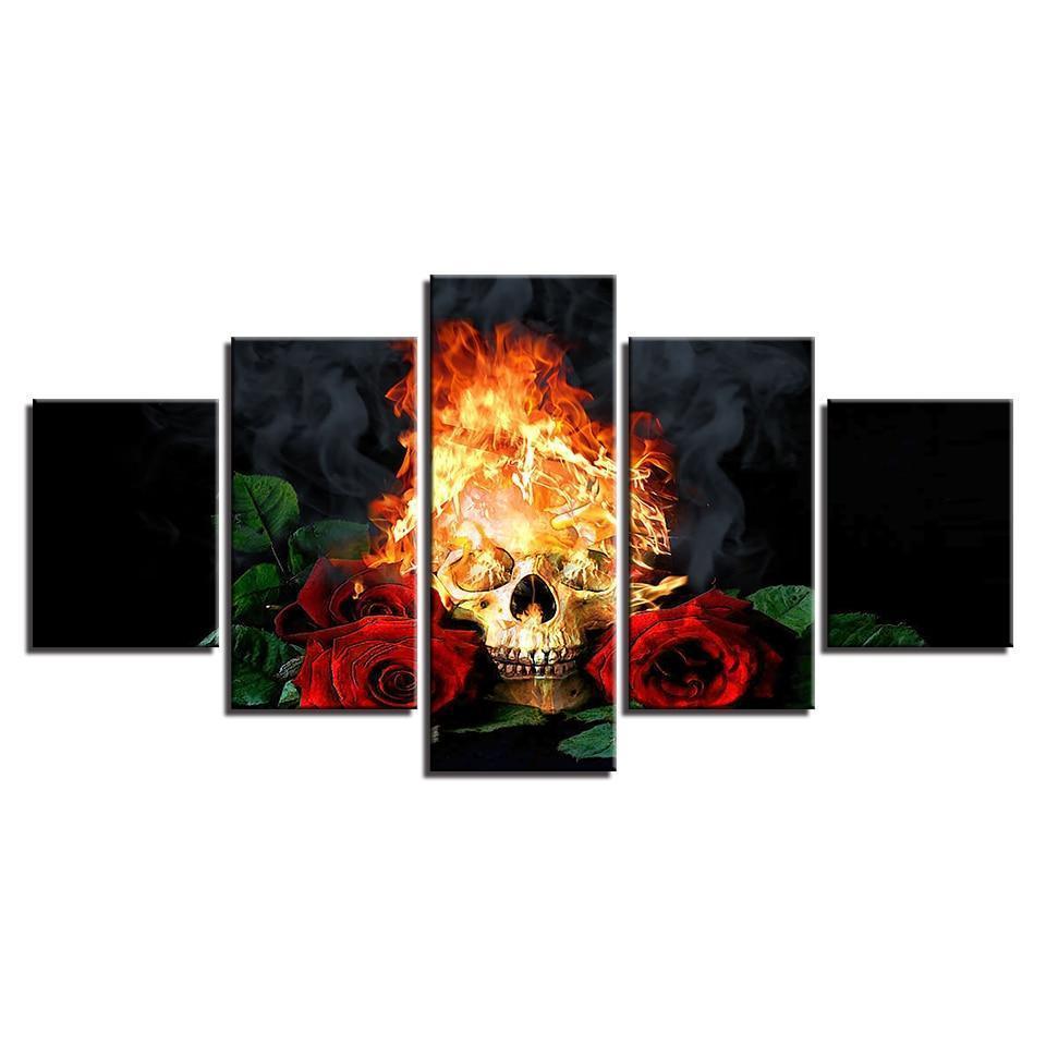 Canvas HD Prints Pictures ModulHalloween Horror Skull In Fire And Red Roses Canvas Wall Art