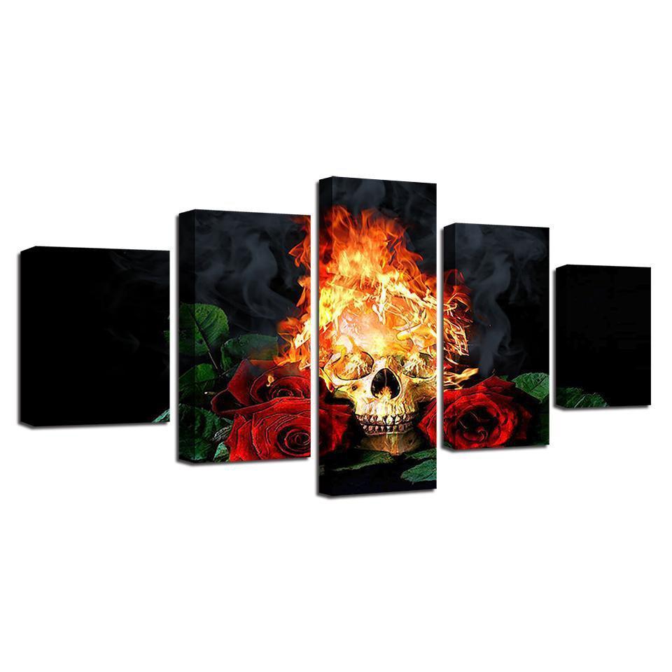 Canvas HD Prints Pictures ModulHalloween Horror Skull In Fire And Red Roses Canvas Wall Art