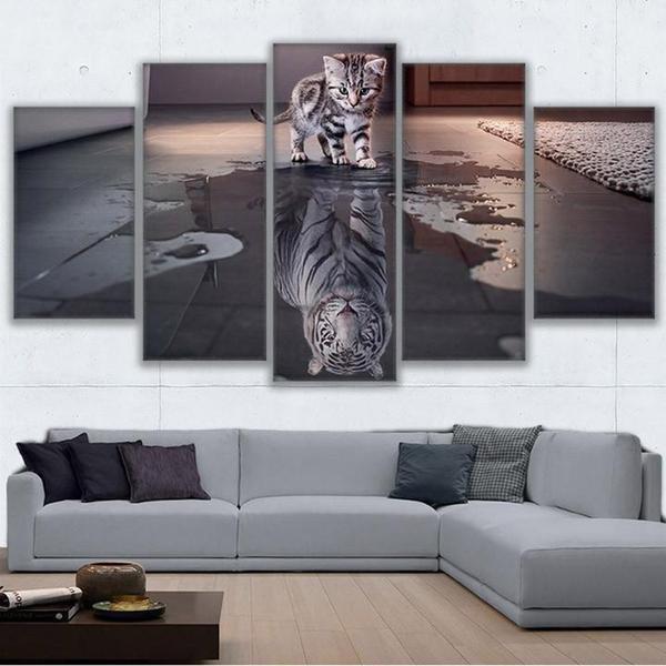 Cat Kitty New Cuadros Tiger Reflection Animal Canvas Wall Art