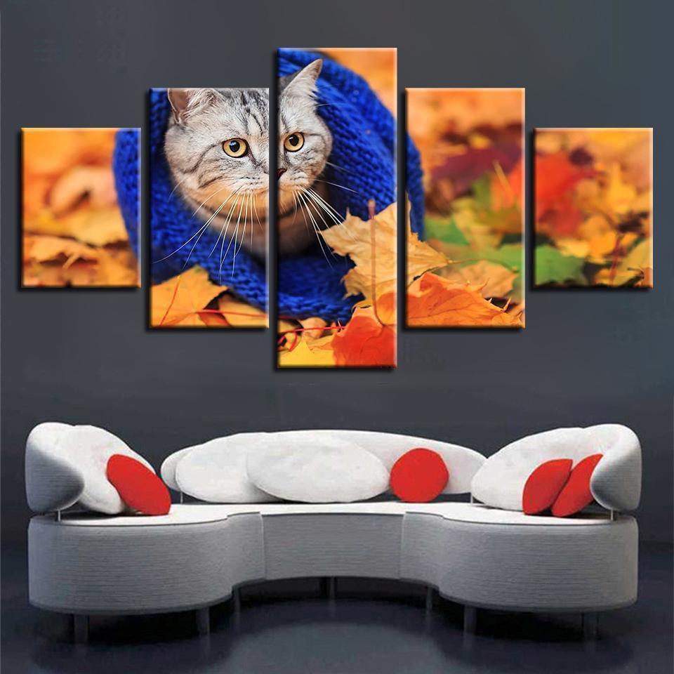 Cat Leaves Fall Animal Canvas Wall Art