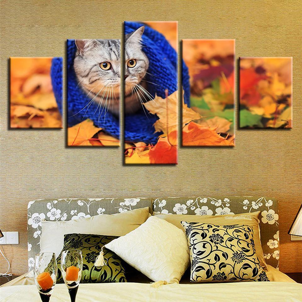 Cat Leaves Fall Animal Canvas Wall Art