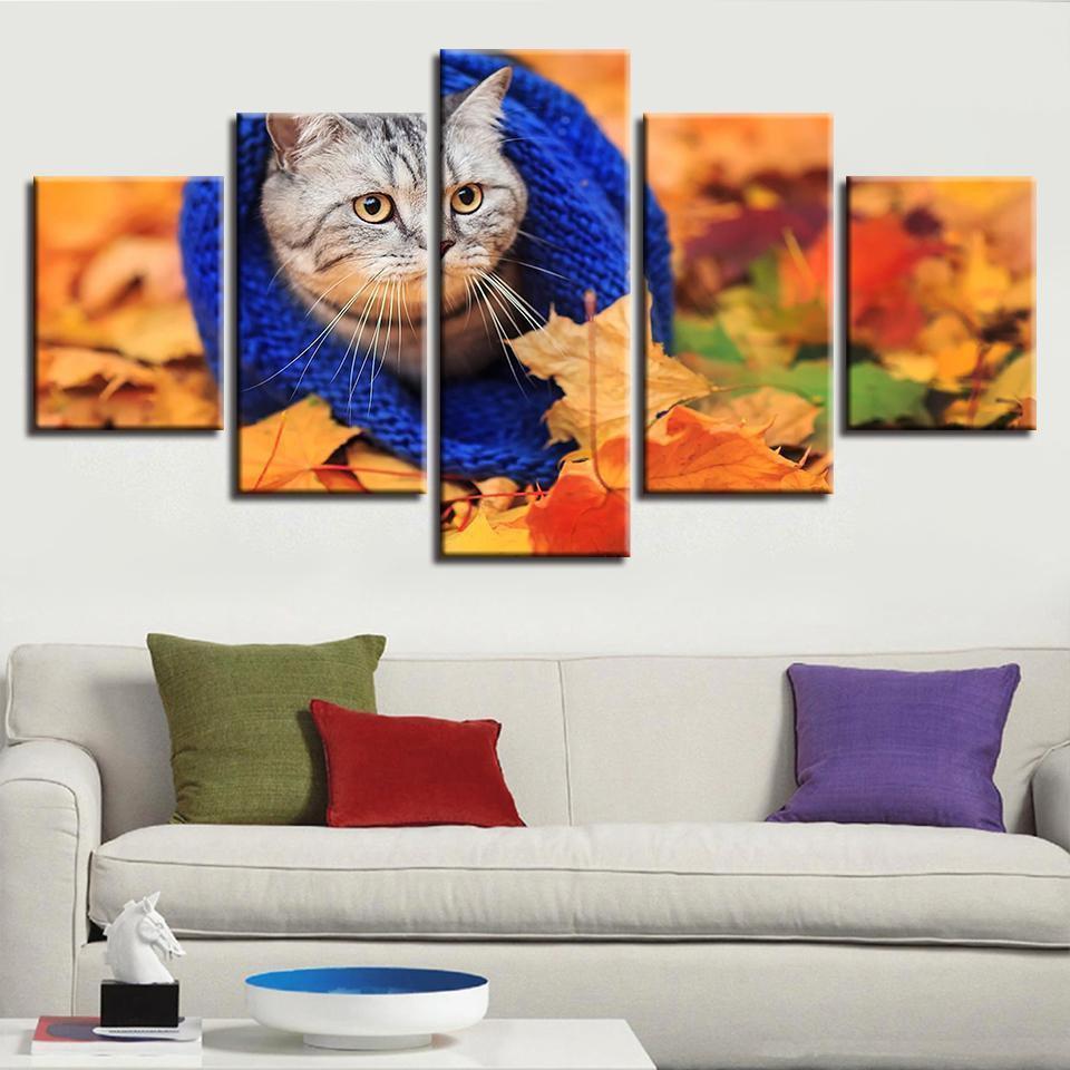 Cat Leaves Fall Animal Canvas Wall Art