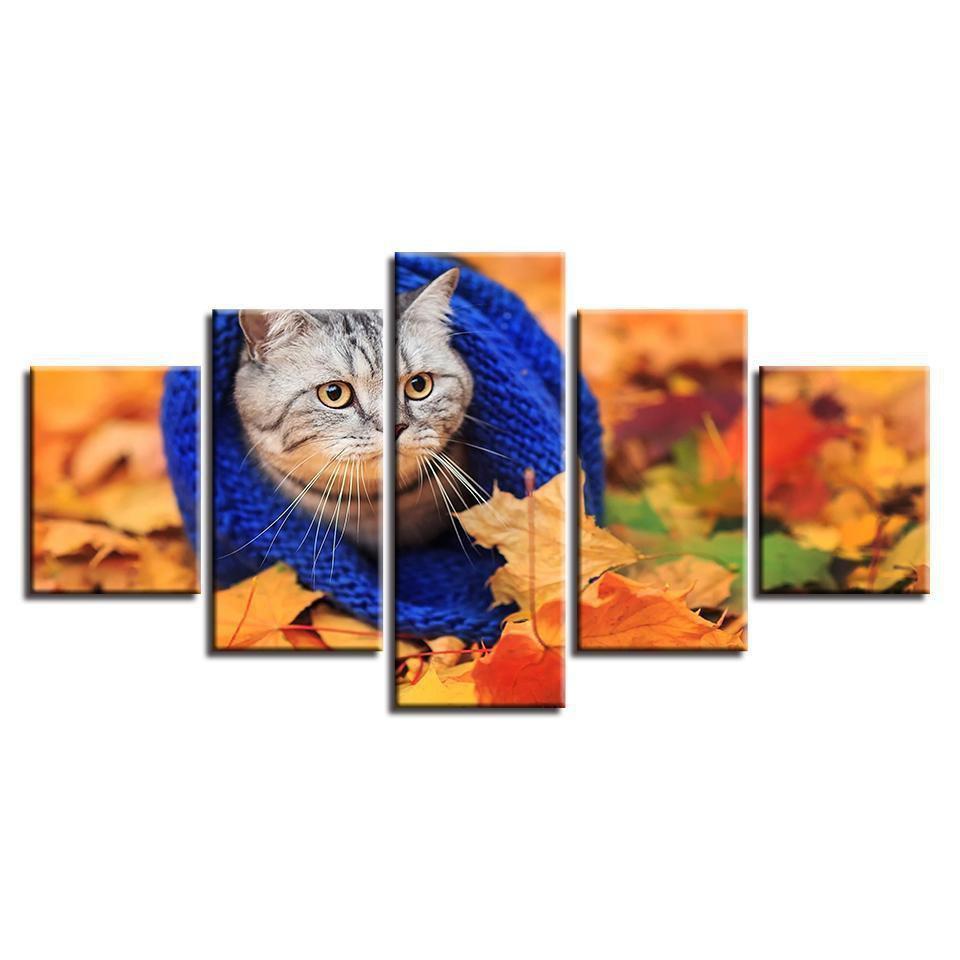 Cat Leaves Fall Animal Canvas Wall Art