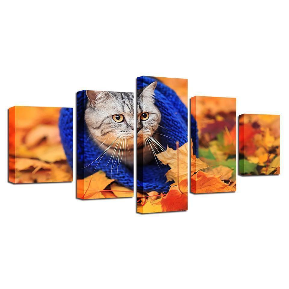 Cat Leaves Fall Animal Canvas Wall Art