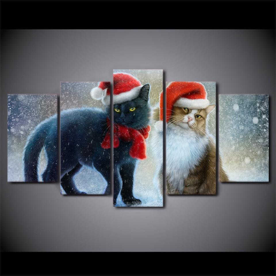 Christmas Cats In Santa Hat Canvas Wall Art