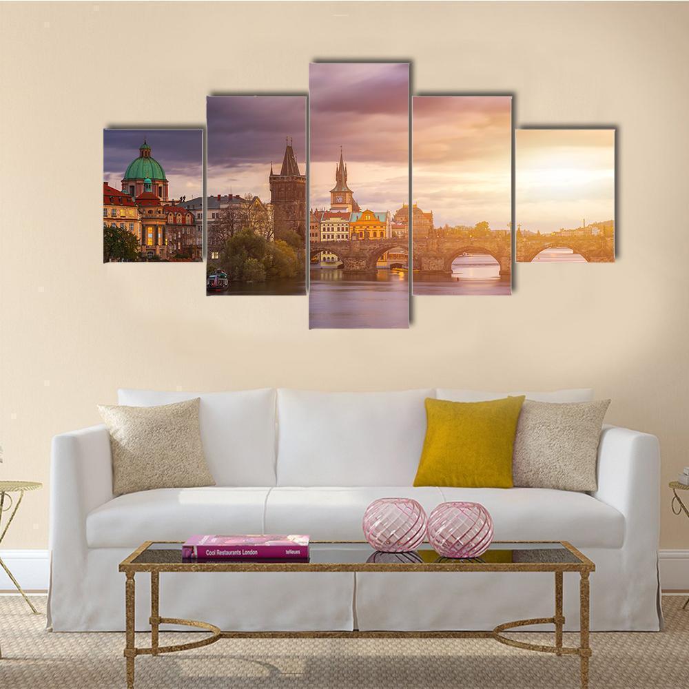 Charles Bridge Over Vltava River In Prague Nature Canvas Wall Art