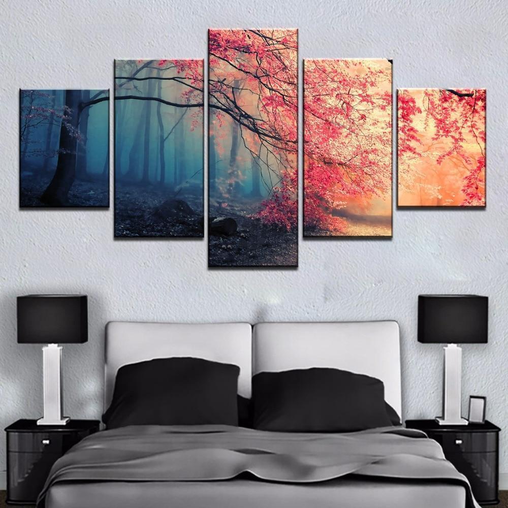 Cherry Blossoms Red Tree Forest Nature Canvas Wall Art