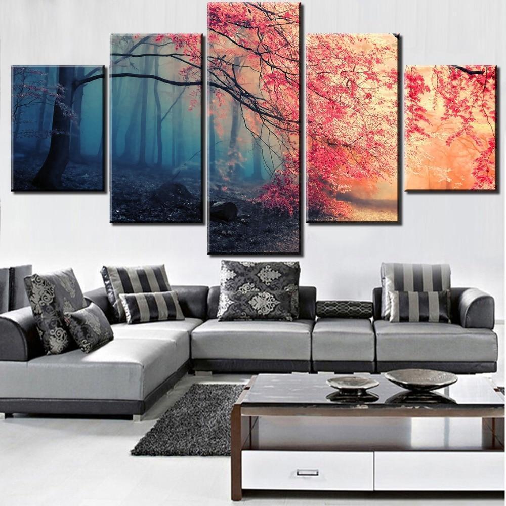 Cherry Blossoms Red Tree Forest Nature Canvas Wall Art