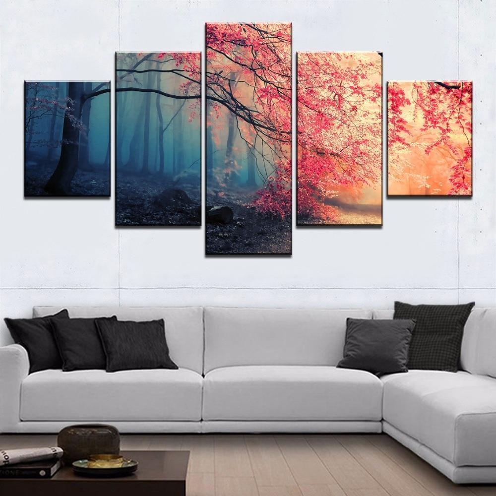 Cherry Blossoms Red Tree Forest Nature Canvas Wall Art