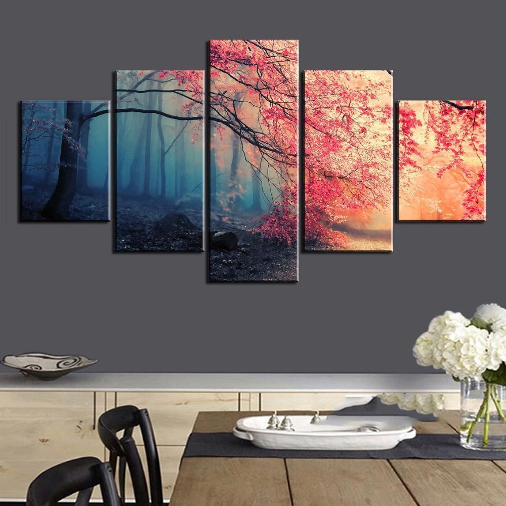 Cherry Blossoms Red Tree Forest Nature Canvas Wall Art