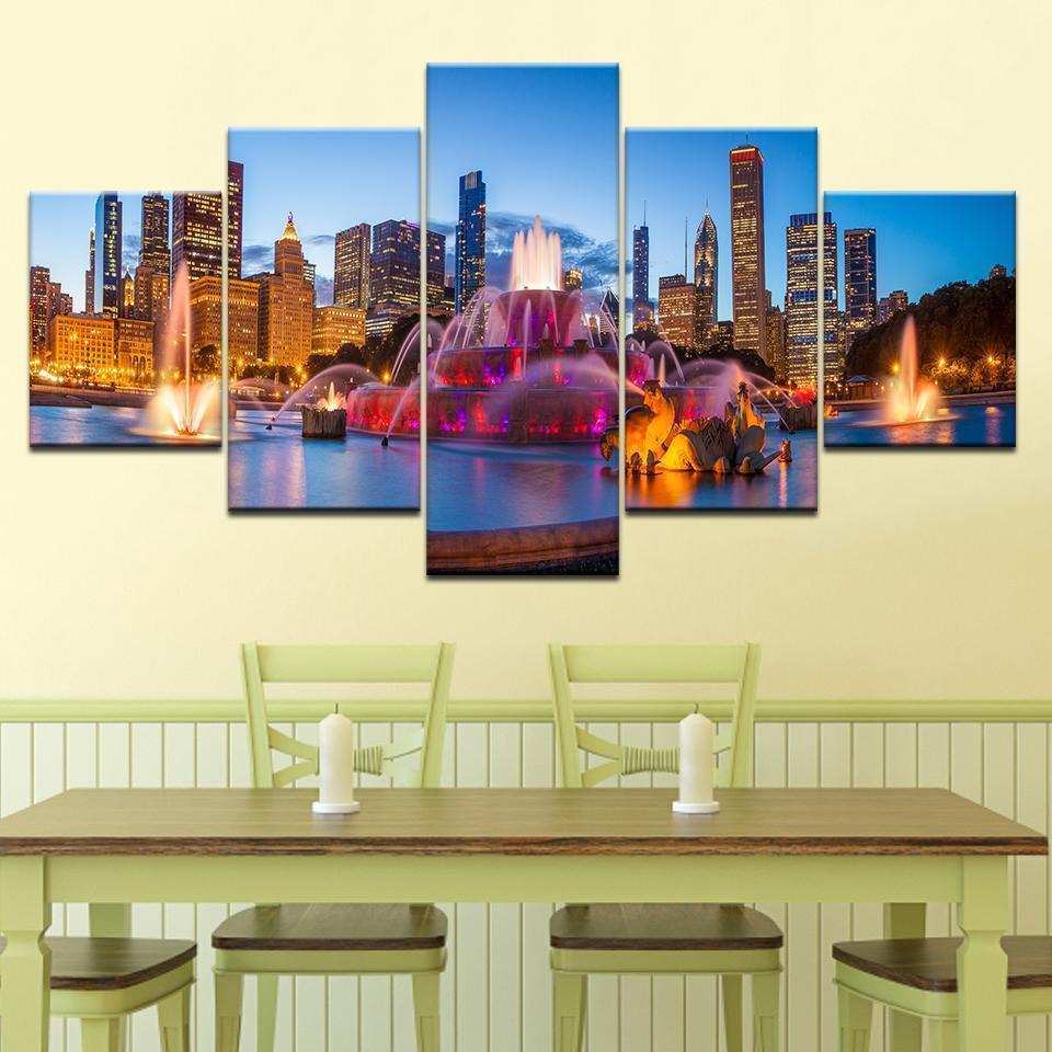 Chicago City Night Scene Nature Canvas Wall Art