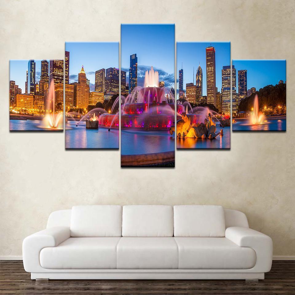 Chicago City Night Scene Nature Canvas Wall Art