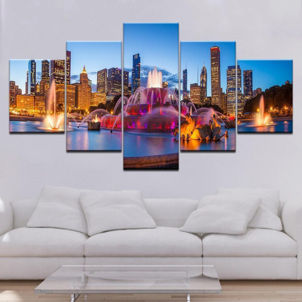 Chicago City Night Scene Nature Canvas Wall Art