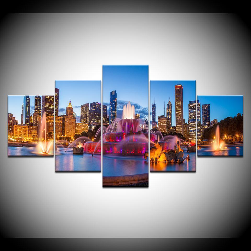 Chicago City Night Scene Nature Canvas Wall Art
