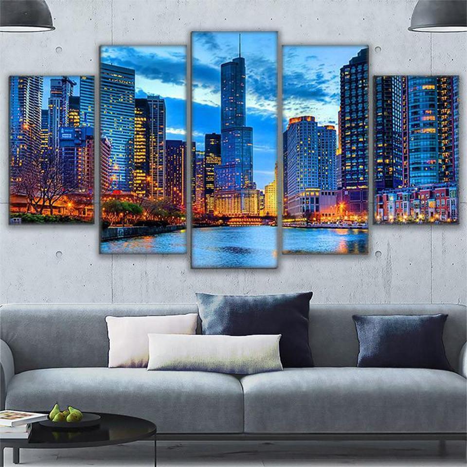 Chicago City Night View Nature Canvas Wall Art