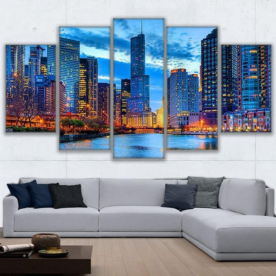 Chicago City Night View Nature Canvas Wall Art
