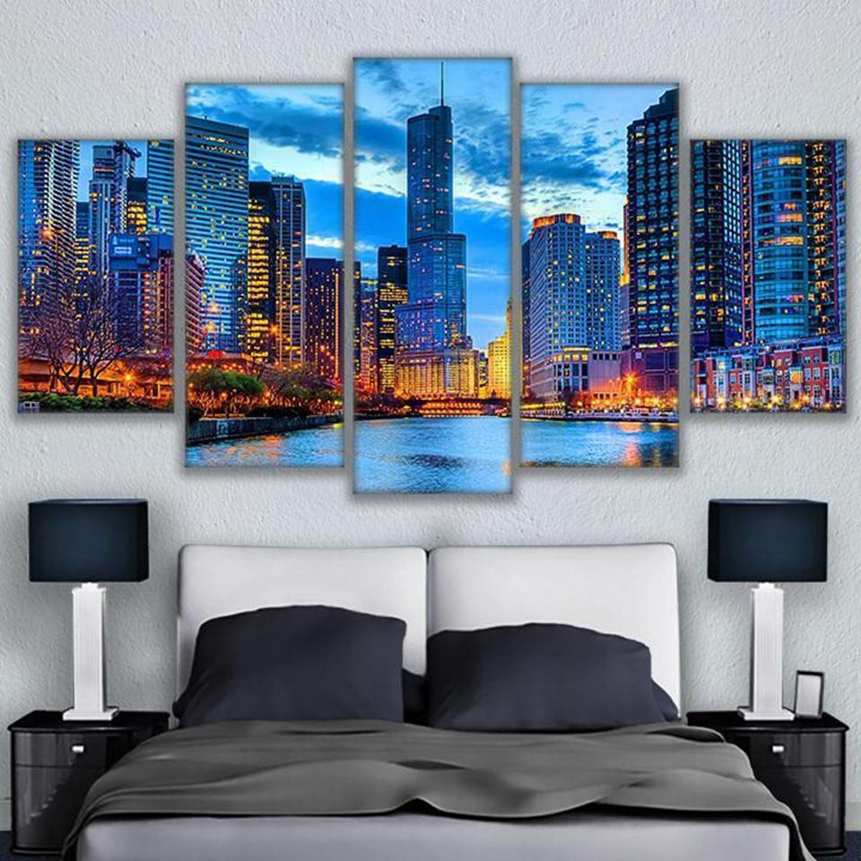 Chicago City Night View Nature Canvas Wall Art