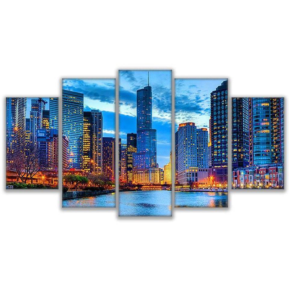 Chicago City Night View Nature Canvas Wall Art