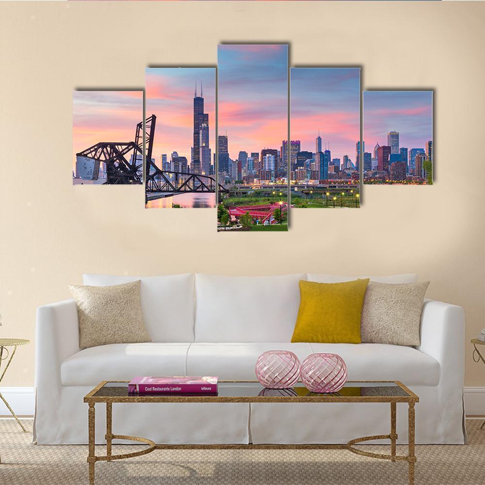 Chicago Downtown Skyline At Twilight Nature Canvas Wall Art