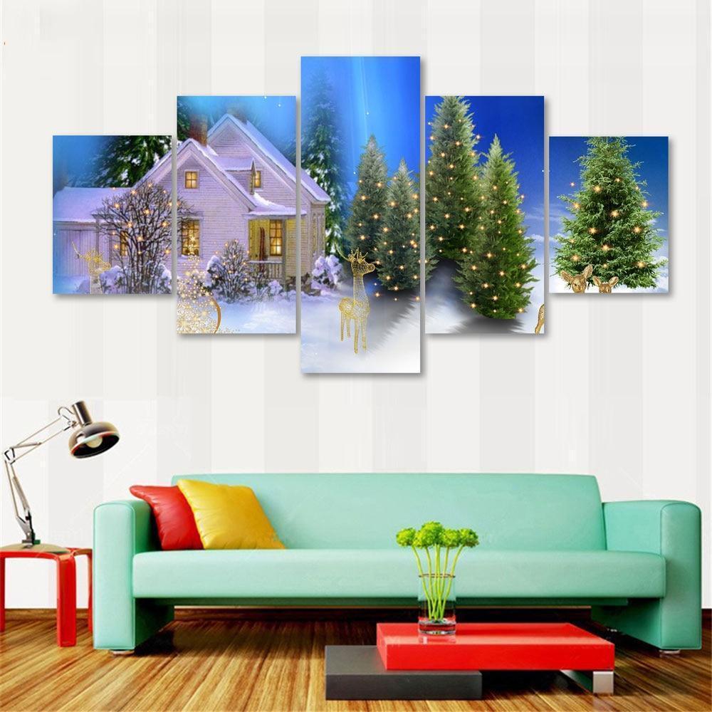 Christmas Tree And The Snow House Occasion Canvas Wall Art