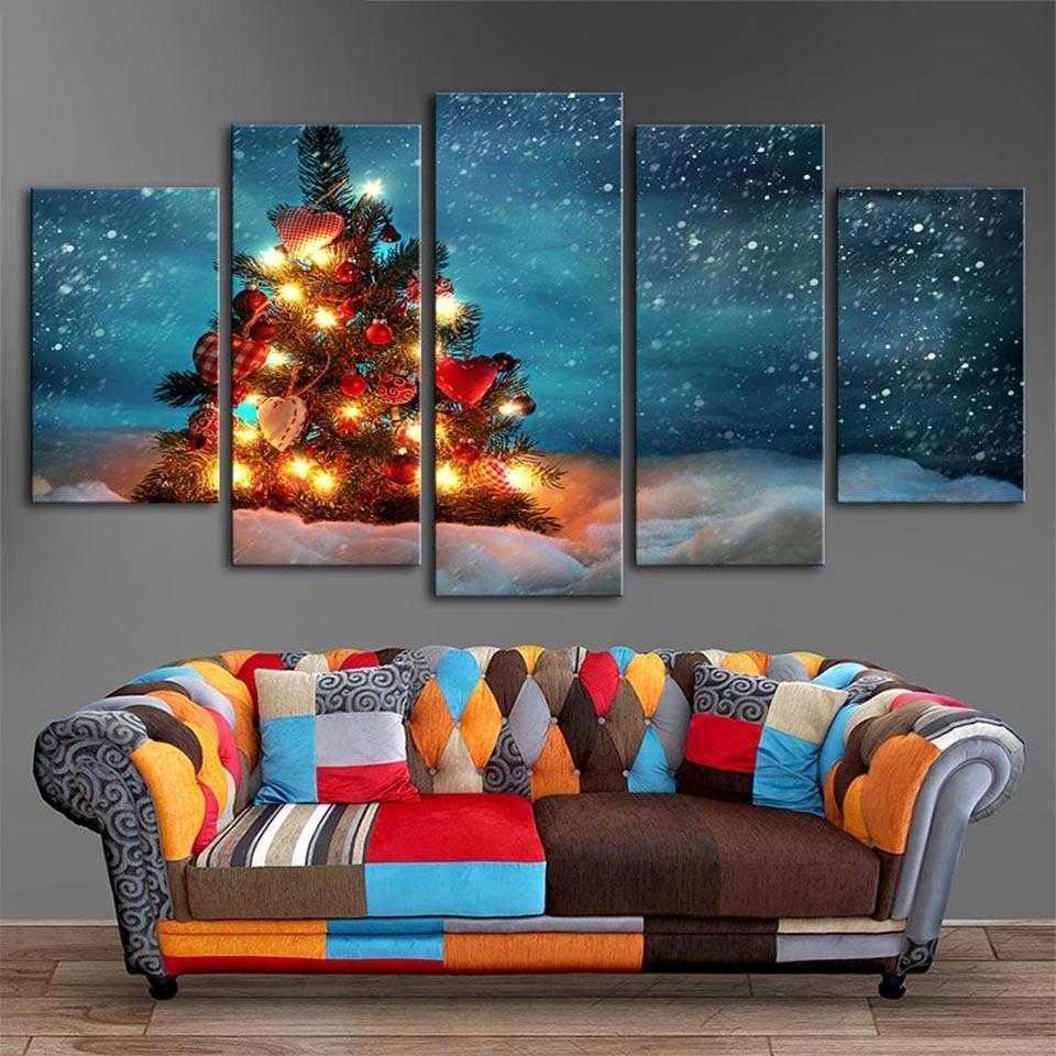 Christmas Tree With Fairy Lights Canvas Wall Art
