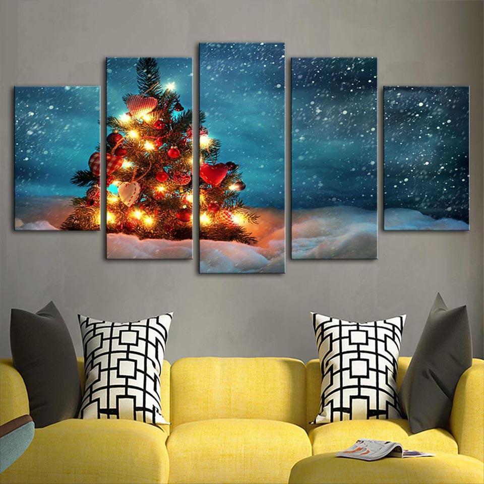 Christmas Tree With Fairy Lights Canvas Wall Art