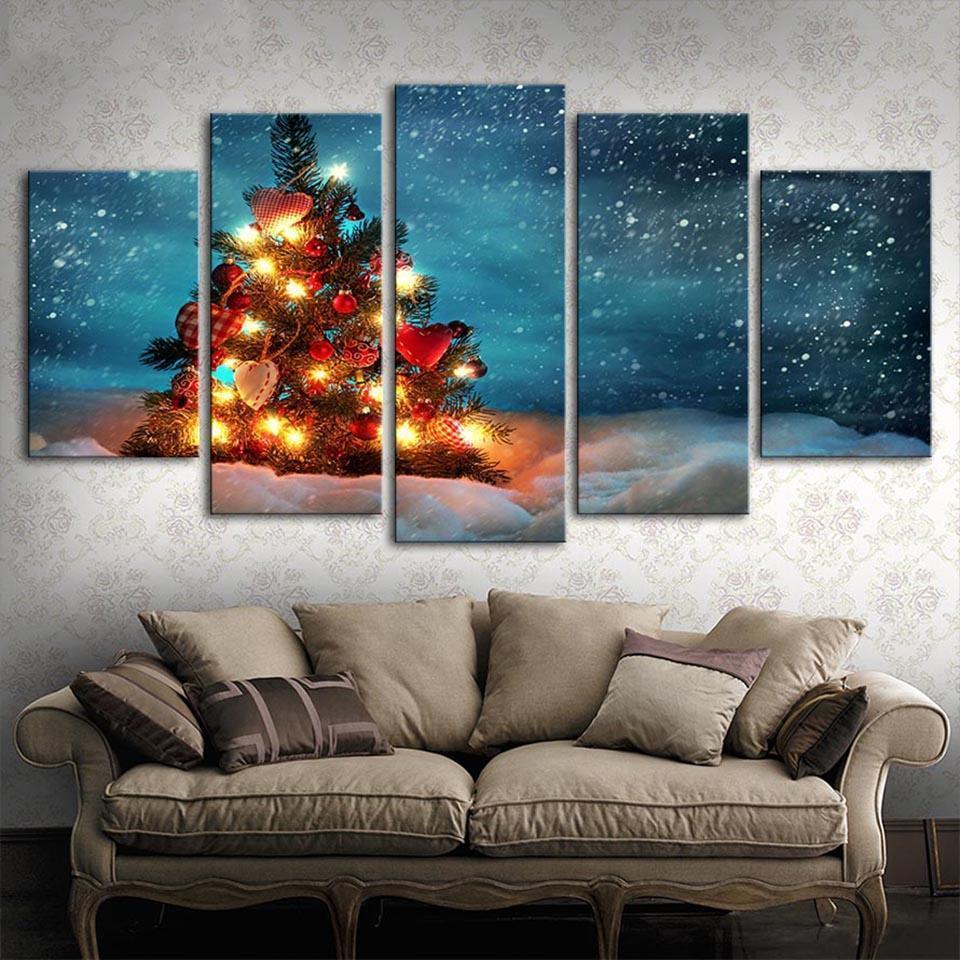 Christmas Tree With Fairy Lights Canvas Wall Art