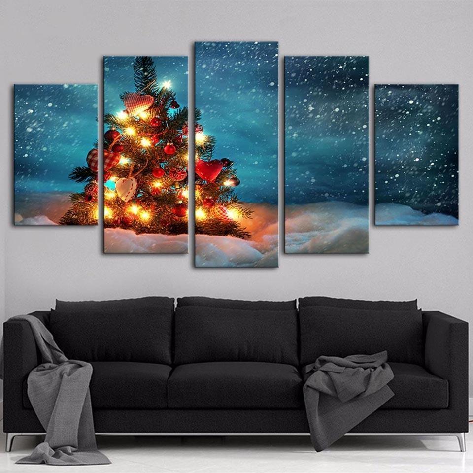 Christmas Tree With Fairy Lights Canvas Wall Art