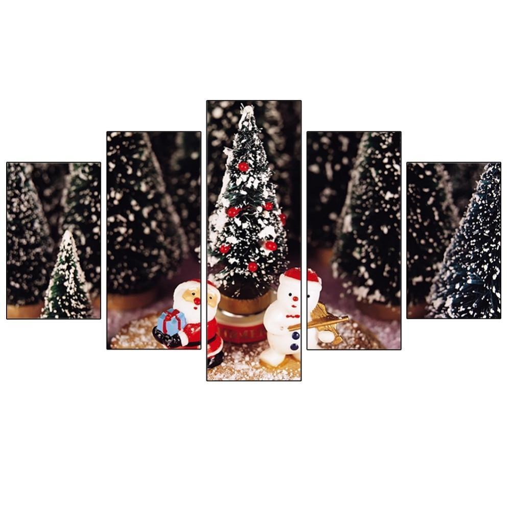 Christmas Trees Santa Claus And Snowman Occasion Canvas Wall Art