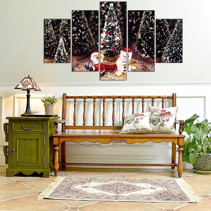 Christmas Trees Santa Claus And Snowman Occasion Canvas Wall Art