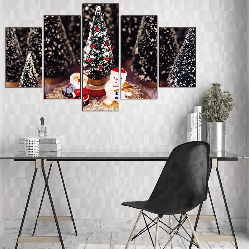 Christmas Trees Santa Claus And Snowman Occasion Canvas Wall Art