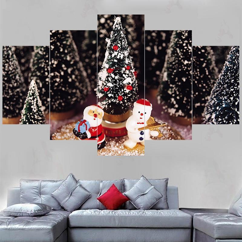 Christmas Trees Santa Claus And Snowman Occasion Canvas Wall Art