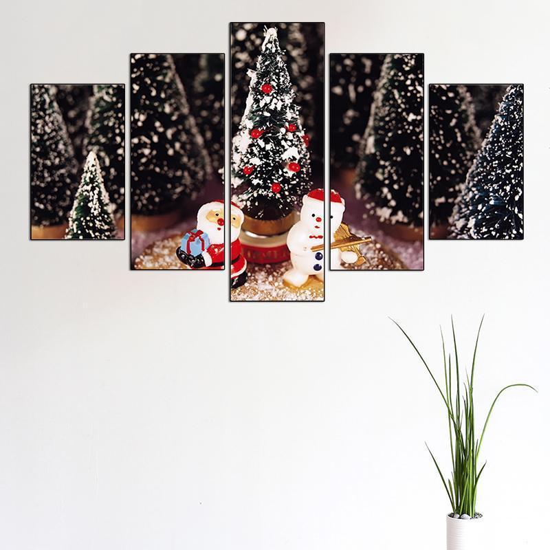 Christmas Trees Santa Claus And Snowman Occasion Canvas Wall Art