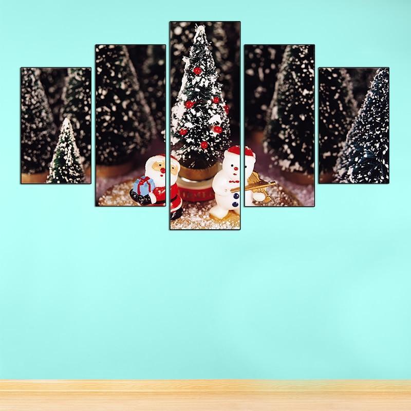 Christmas Trees Santa Claus And Snowman Occasion Canvas Wall Art