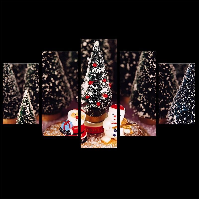 Christmas Trees Santa Claus And Snowman Occasion Canvas Wall Art