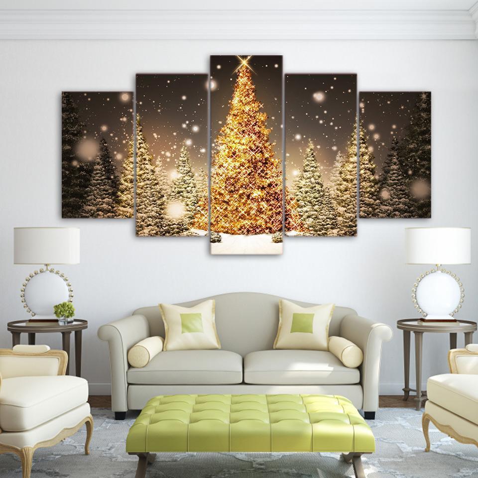 Christmas Trees With Falling Snow Canvas Wall Art
