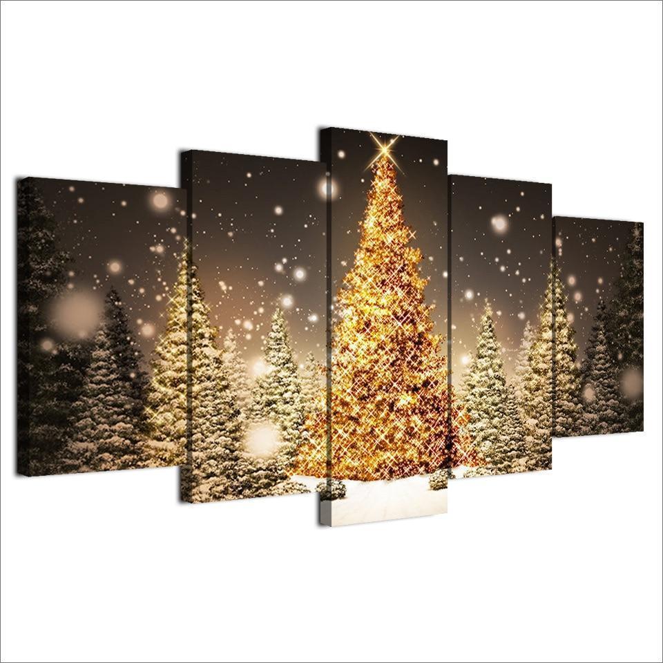 Christmas Trees With Falling Snow Canvas Wall Art