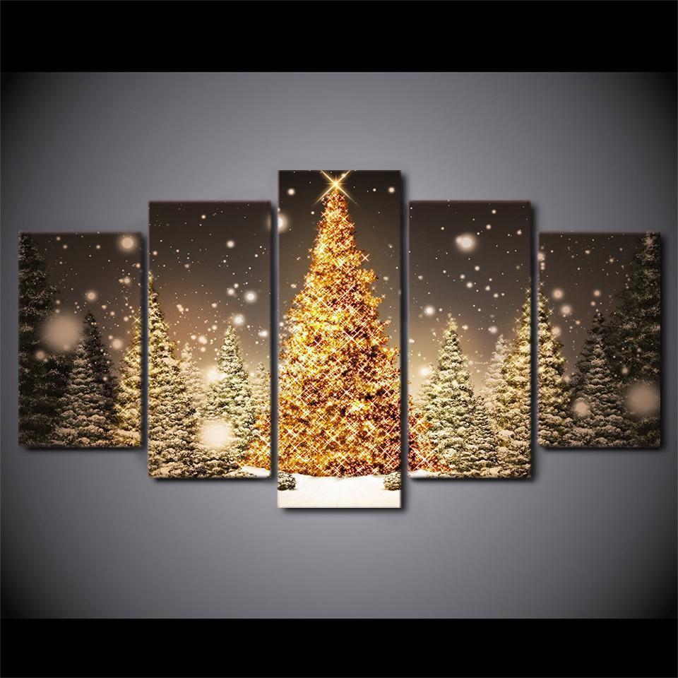Christmas Trees With Falling Snow Canvas Wall Art