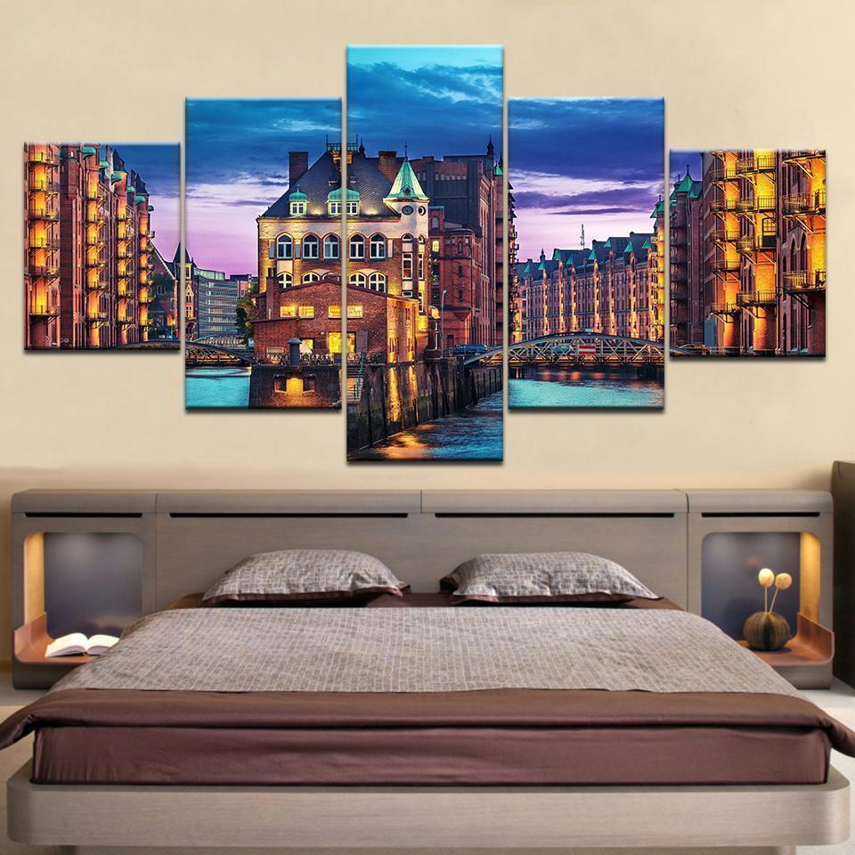 City Germany Hamburg Light Man Made Night Nature Canvas Wall Art