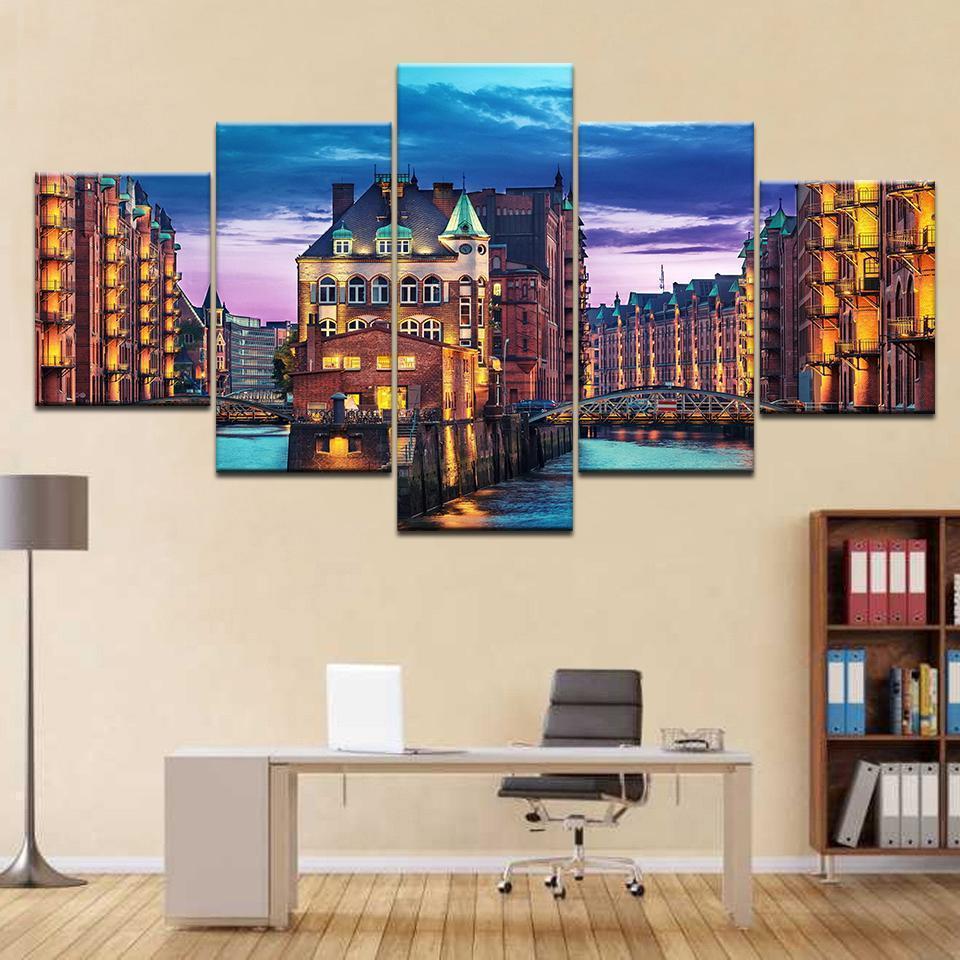 City Germany Hamburg Light Man Made Night Nature Canvas Wall Art