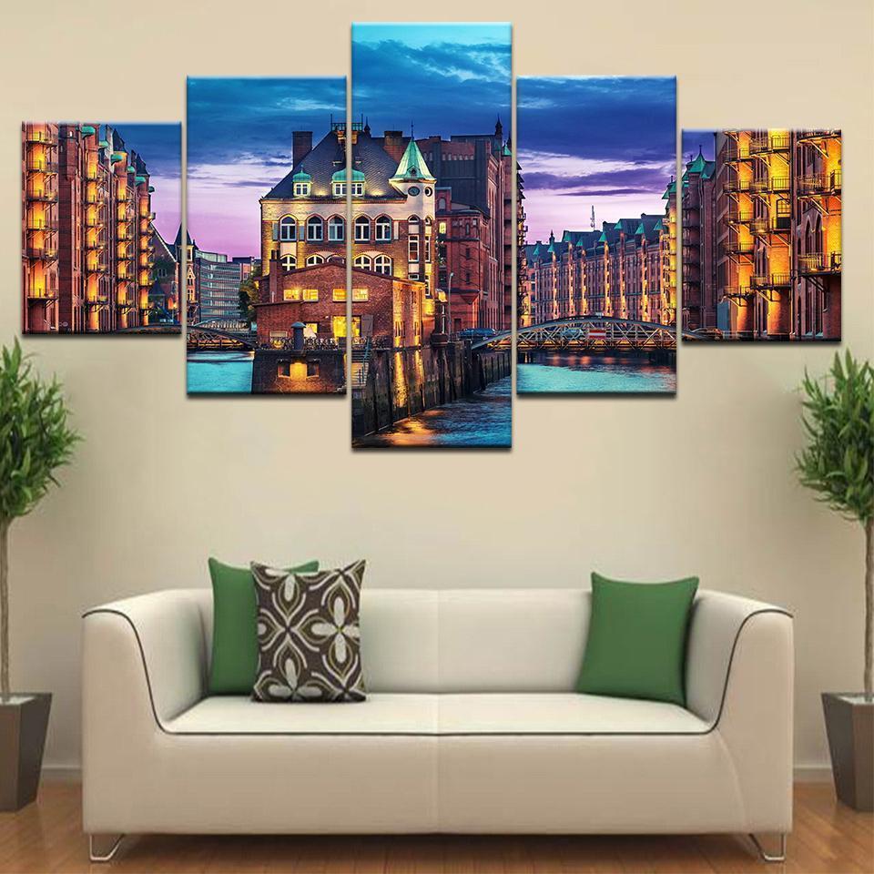 City Germany Hamburg Light Man Made Night Nature Canvas Wall Art