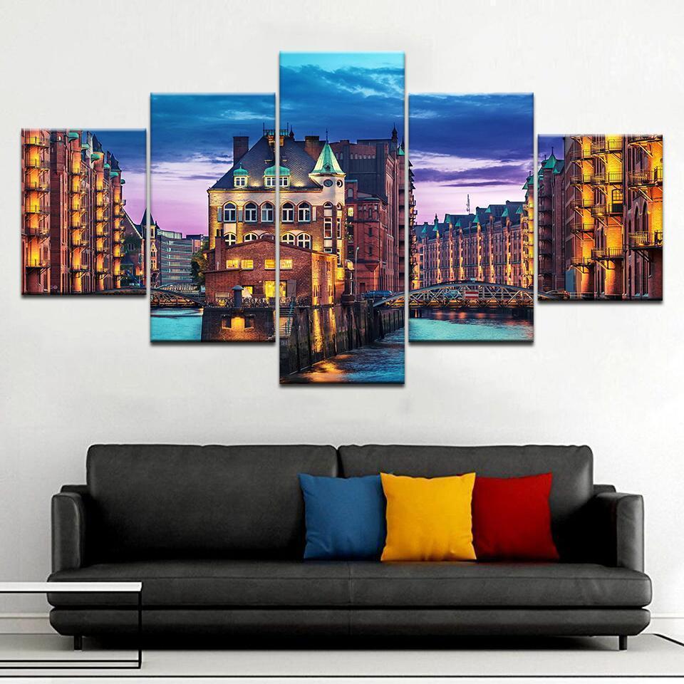 City Germany Hamburg Light Man Made Night Nature Canvas Wall Art