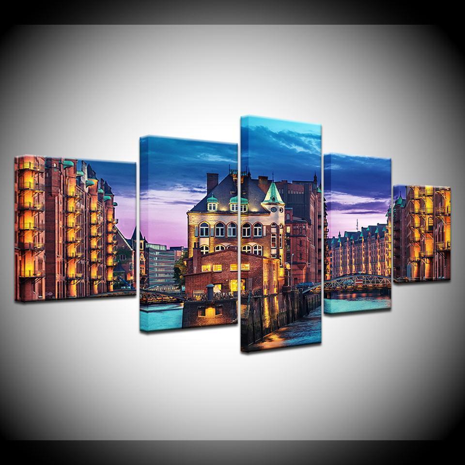City Germany Hamburg Light Man Made Night Nature Canvas Wall Art