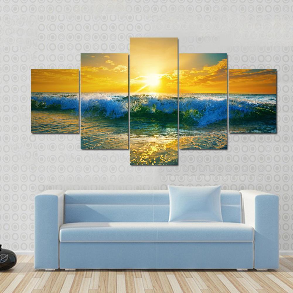 Close Up Of Ocean Waves At Sunrise Nature Canvas Wall Art