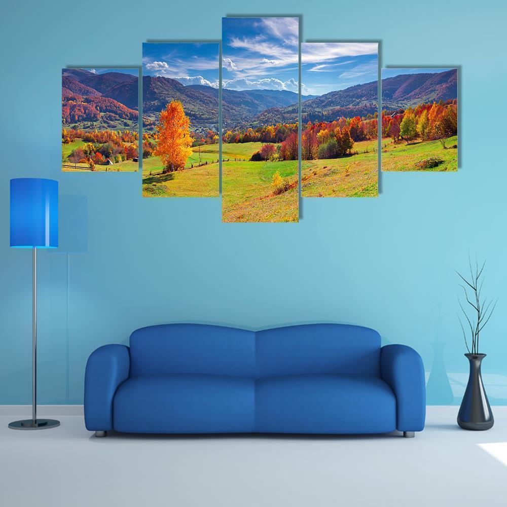 Colorful Autumn Panorama Of Mountain Village Nature Canvas Wall Art