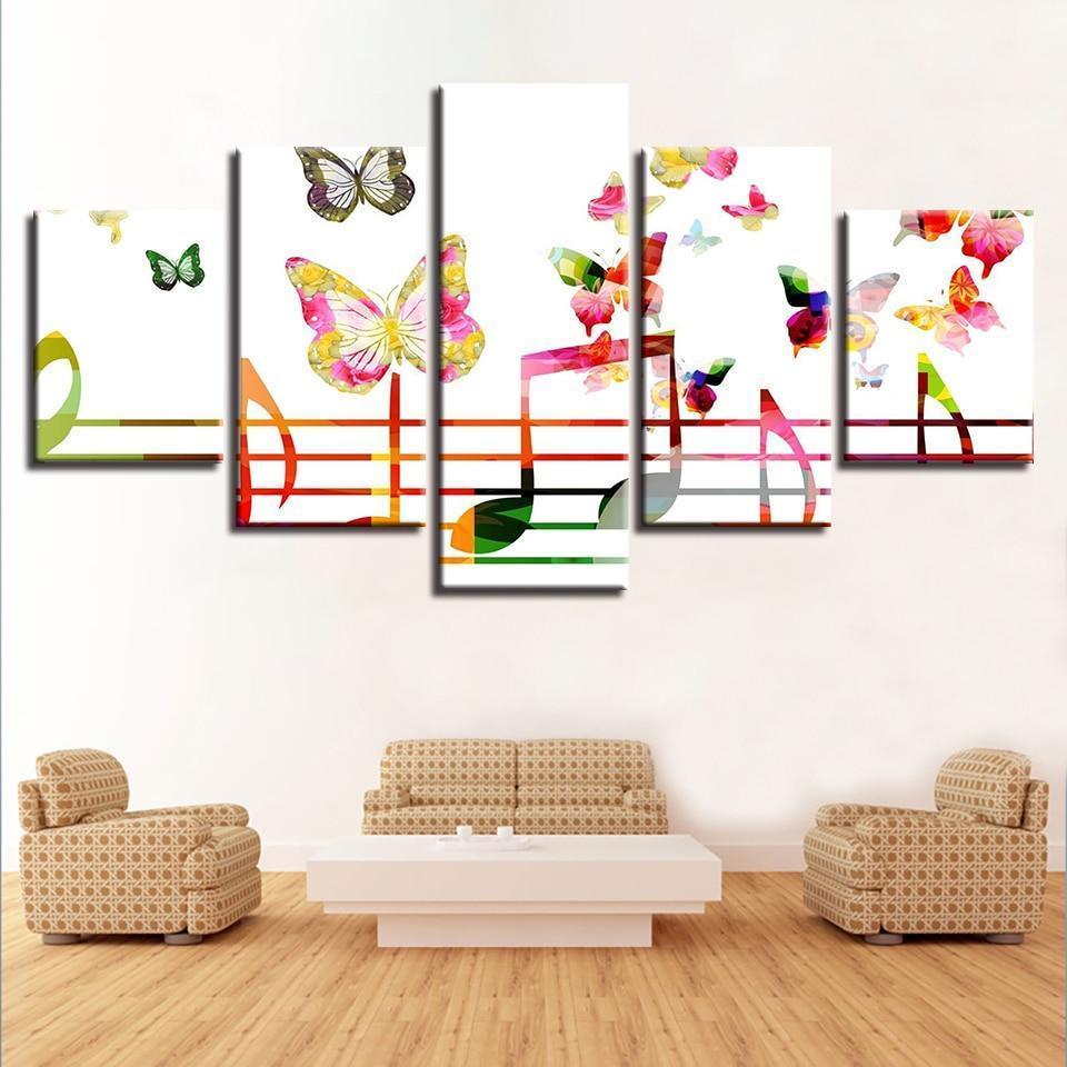 Colorful Staff And Butterflies Music Canvas Wall Art